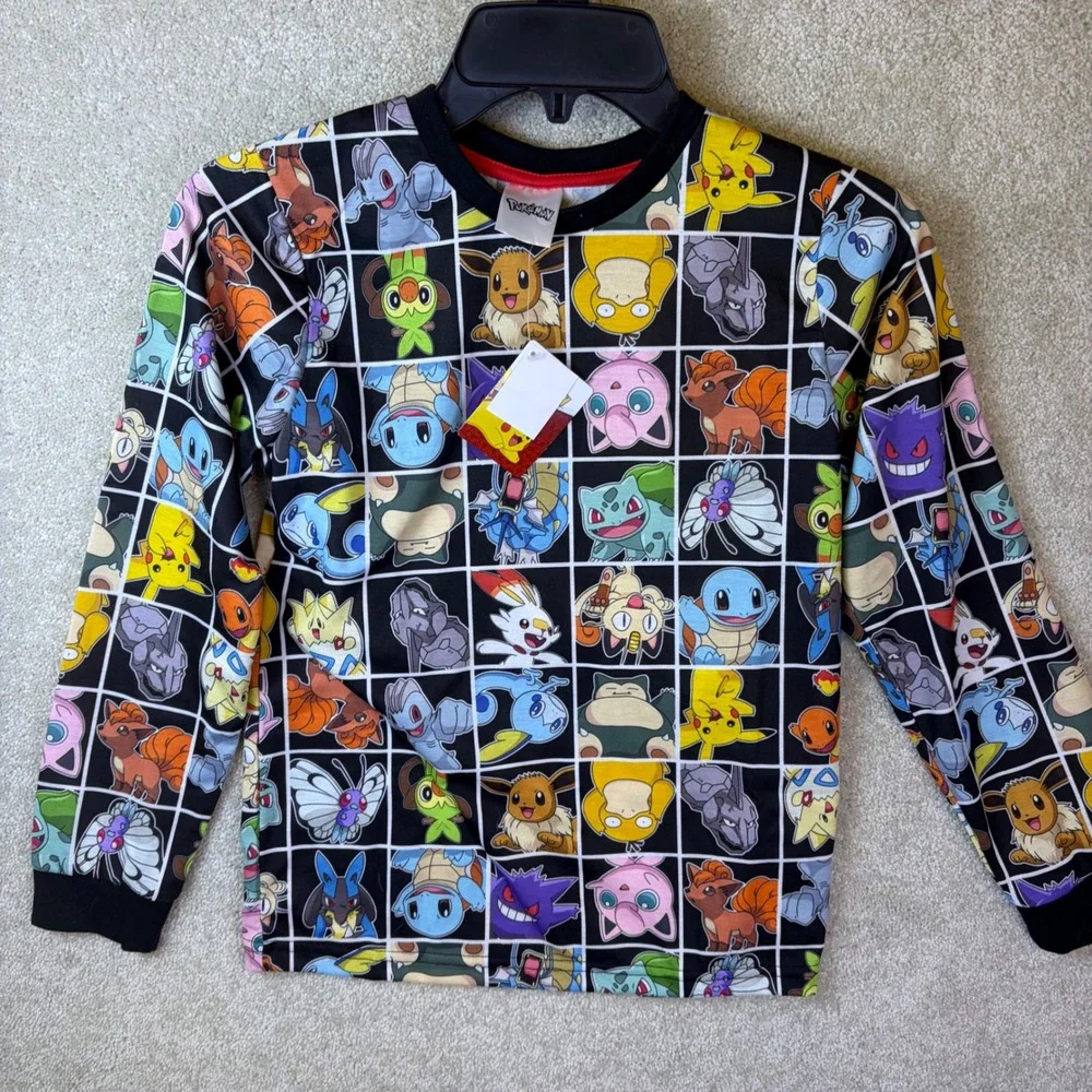 Pokemon Pajama Set Boys Size 9-10 Black All Over Print Pikachu Eevee AOP NEW